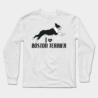 Boston Terrier Pattern in Blue Fun Boston Terriers Paw Prints and Bone Print Long Sleeve T-Shirt